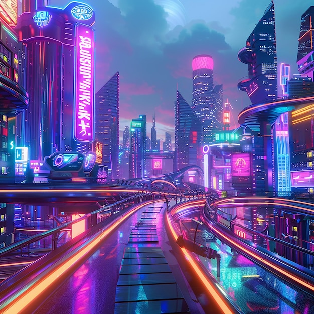 3d rendered photo of Explore the vibrant world of neon landscapes and futuristic cityscapes