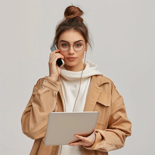 3d rendered photo f a woman with glasses holding a laptop and talking on a cell phone