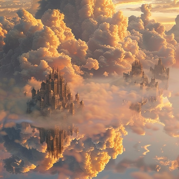 3d rendered photo of Fantasy style clouds with city