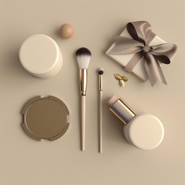 Photo 3d rendered photo of flat lay photography of makeup kit in a beige background