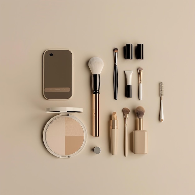 Photo 3d rendered photo of flat lay photography of makeup kit in a beige background