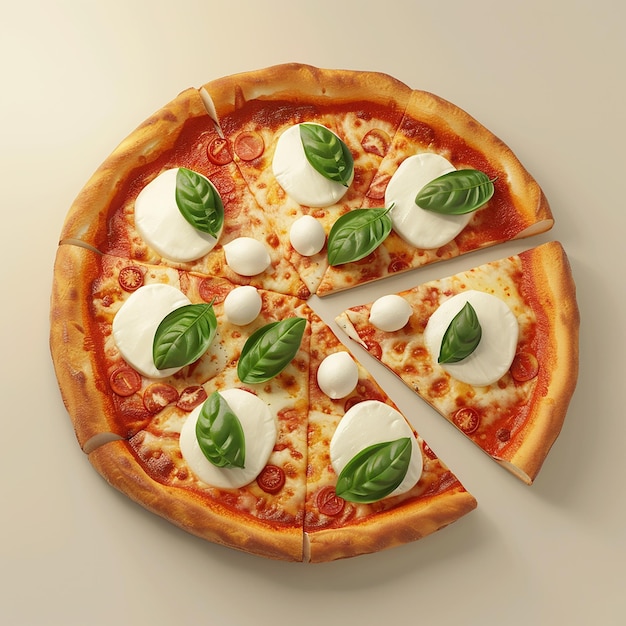 3d rendered photo of freshly pizza with mozzarella cheese slice simple background