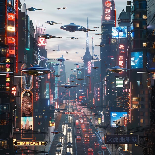 Photo 3d rendered photo of a futuristic cityscape with flying cars and holographic billboards