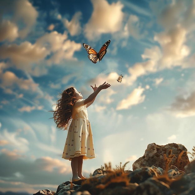 3d rendered photo of the girl frees the butterfly from moment concept of freedom