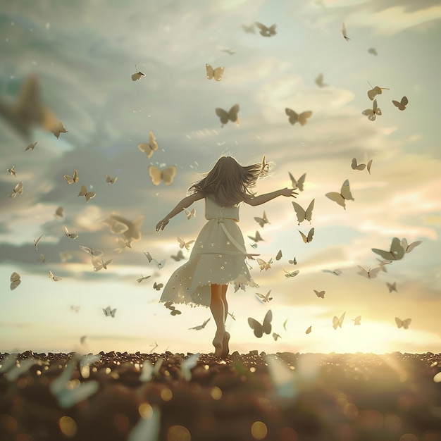 3d rendered photo of the girl frees the butterfly from moment concept of freedom