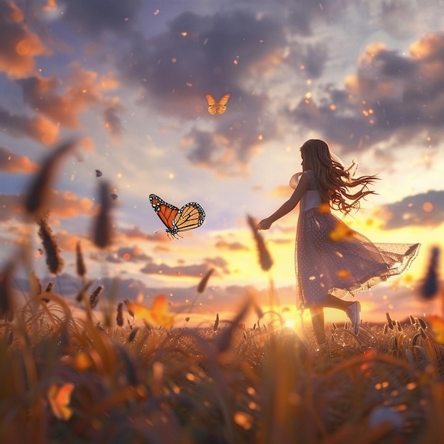 3d rendered photo of the girl frees the butterfly from moment concept of freedom