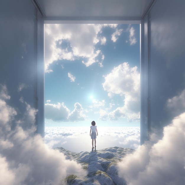 3d rendered photo of a girl hiding in open sky