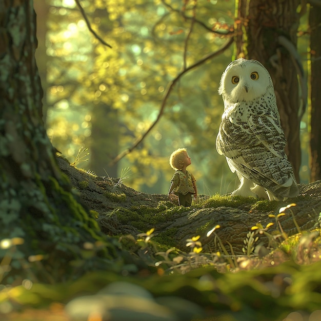 3d rendered photo of a girl is looking at an owl in the forest