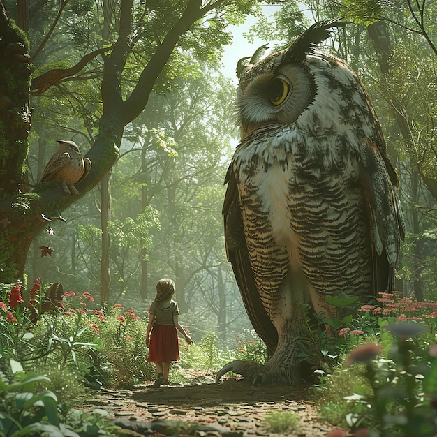 3d rendered photo of a girl is looking at an owl in the forest