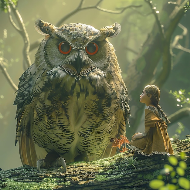 3d rendered photo of a girl is looking at an owl in the forest