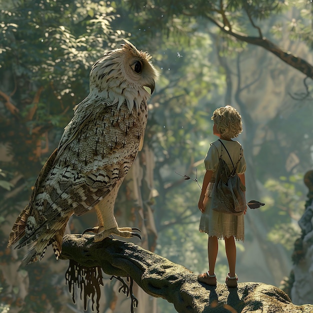 3d rendered photo of a girl is looking at an owl in the forest