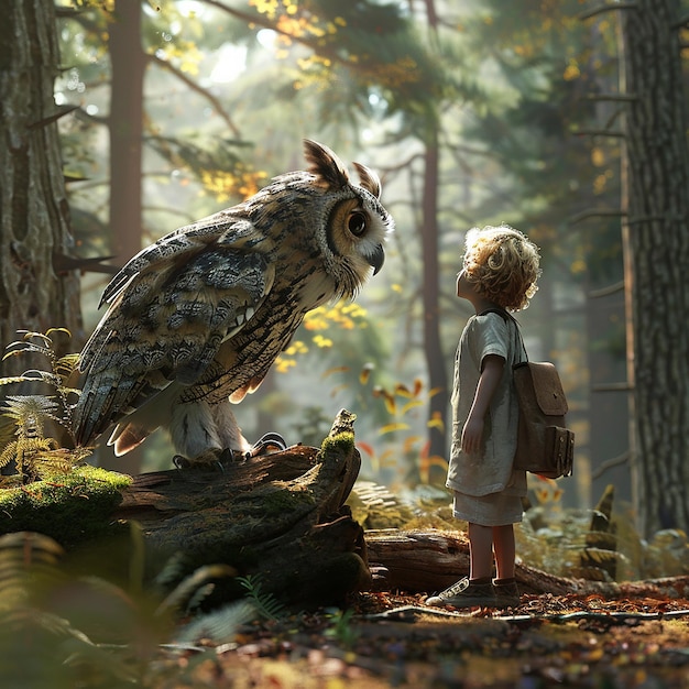 3d rendered photo of a girl is looking at an owl in the forest