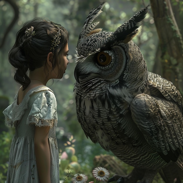 3d rendered photo of a girl is looking at an owl in the forest