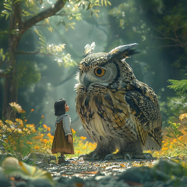 3d rendered photo of a girl is looking at an owl in the forest