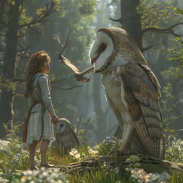 3d rendered photo of a girl is looking at an owl in the forest