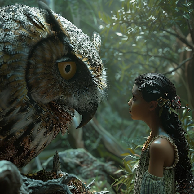 3d rendered photo of a girl is looking at an owl in the forest