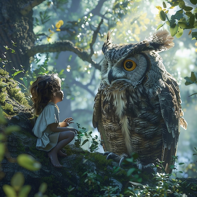 3d rendered photo of a girl is looking at an owl in the forest