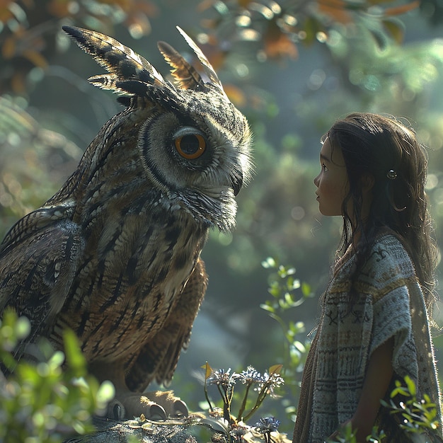 3d rendered photo of a girl is looking at an owl in the forest