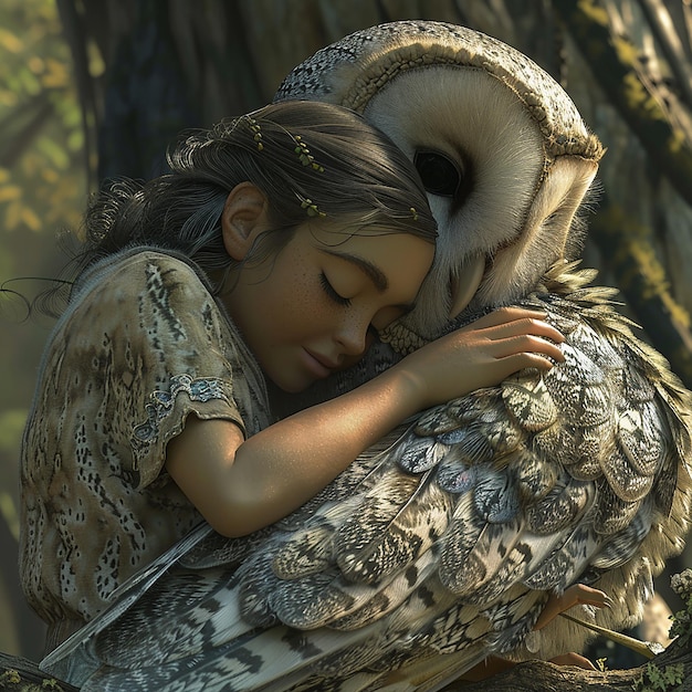 3d rendered photo of a girl is looking at an owl that is sitting on a rock