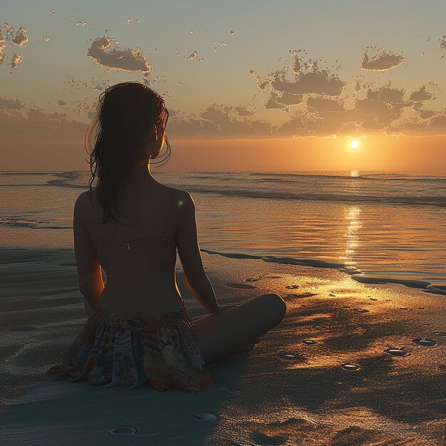 3d rendered photo of a girl watching sunset on a beach