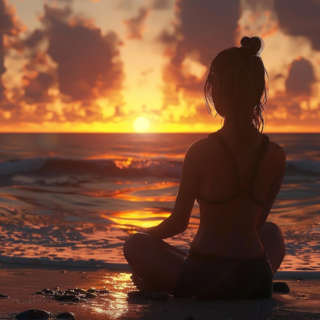 3d rendered photo of a girl watching sunset on a beach