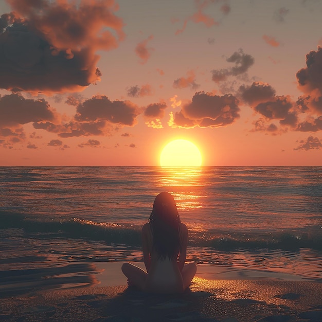 3d rendered photo of a girl watching sunset on a beach