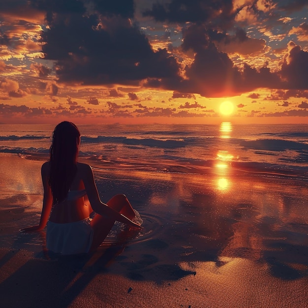 3d rendered photo of a girl watching sunset on a beach