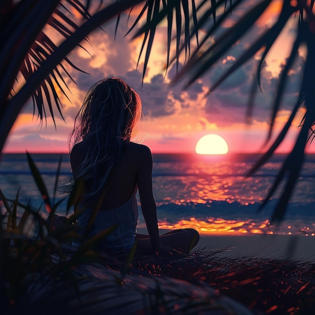 3d rendered photo of a girl watching sunset on a beach