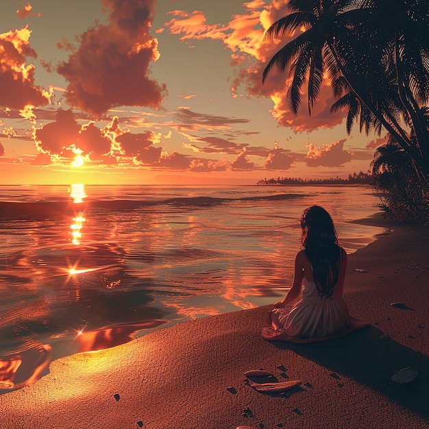 3d rendered photo of a girl watching sunset on a beach