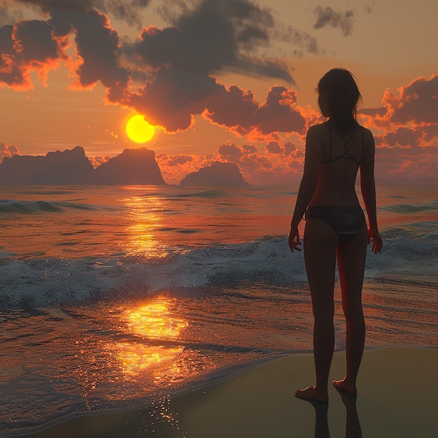 3d rendered photo of a girl watching sunset on a beach