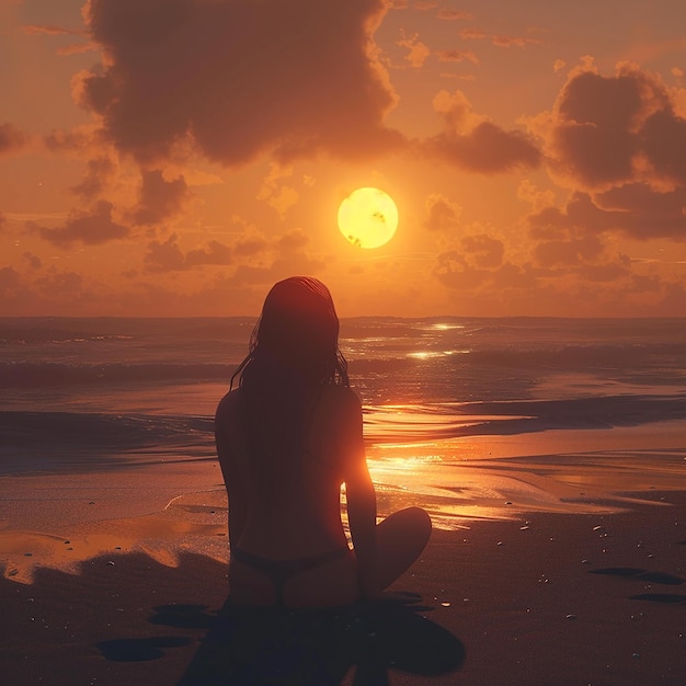 3d rendered photo of a girl watching sunset on a beach