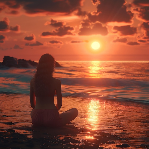 3d rendered photo of a girl watching sunset on a beach