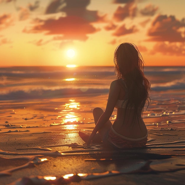 3d rendered photo of a girl watching sunset on a beach