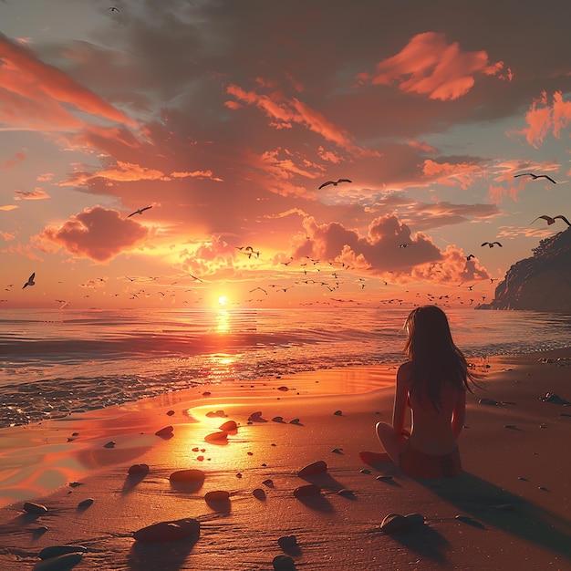 3d rendered photo of a girl watching sunset on a beach