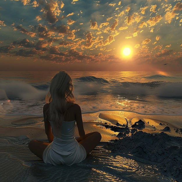 3d rendered photo of a girl watching sunset on a beach