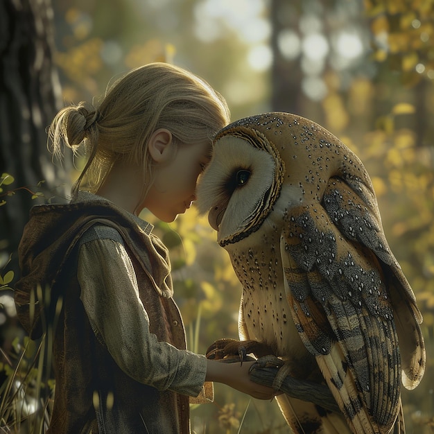 3d rendered photo of a girl with a owl on her head is looking at a bird