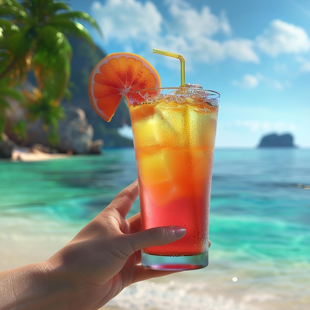 Photo 3d rendered photo of a glass of juice is held in front of a beach