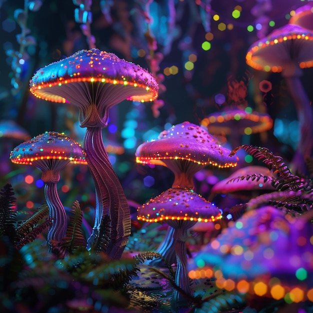 Photo 3d rendered photo of a group of purple mushrooms with purple and orange dots on them