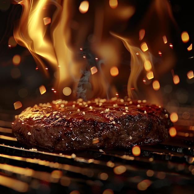 3d rendered photo of a hamburger is cooking on a grill with flames in the background