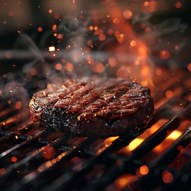 3d rendered photo of a hamburger is cooking on a grill with flames in the background