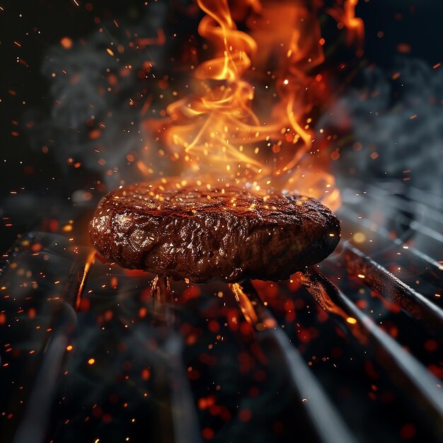 3d rendered photo of a hamburger is cooking on a grill with flames in the background