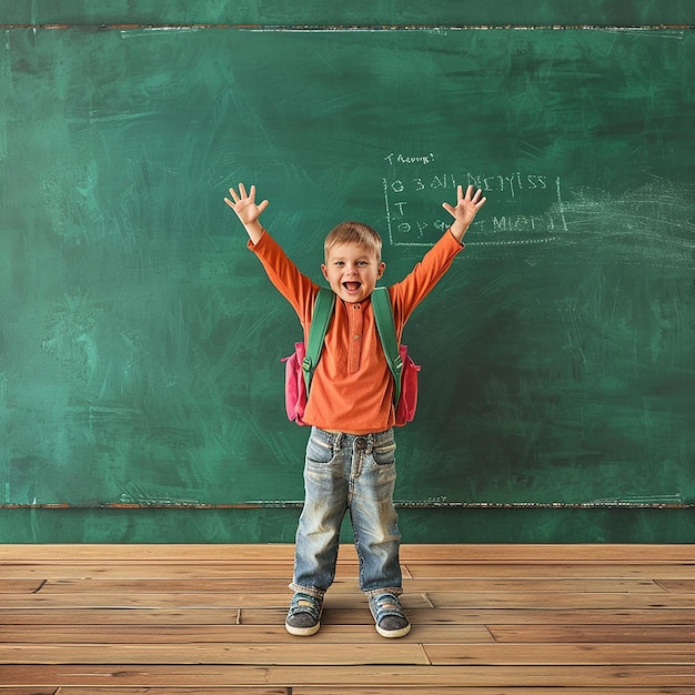 3d rendered photo of Happy child in class against green chalkboard