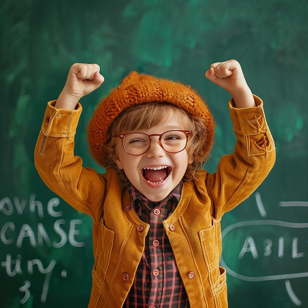 3d rendered photo of Happy child in class against green chalkboard