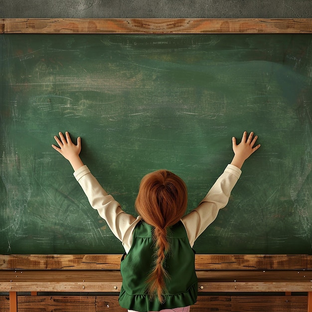 3d rendered photo of Happy child in class against green chalkboard