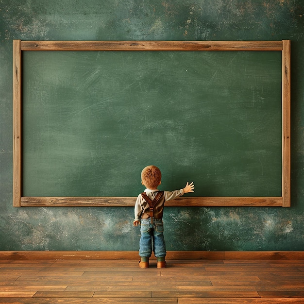 Photo 3d rendered photo of happy child in class against green chalkboard