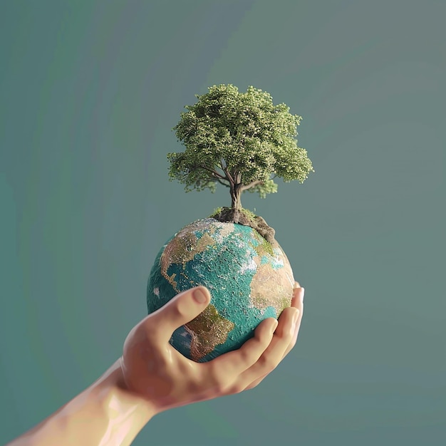 3d rendered photo of happy world earth day holding tree in hand