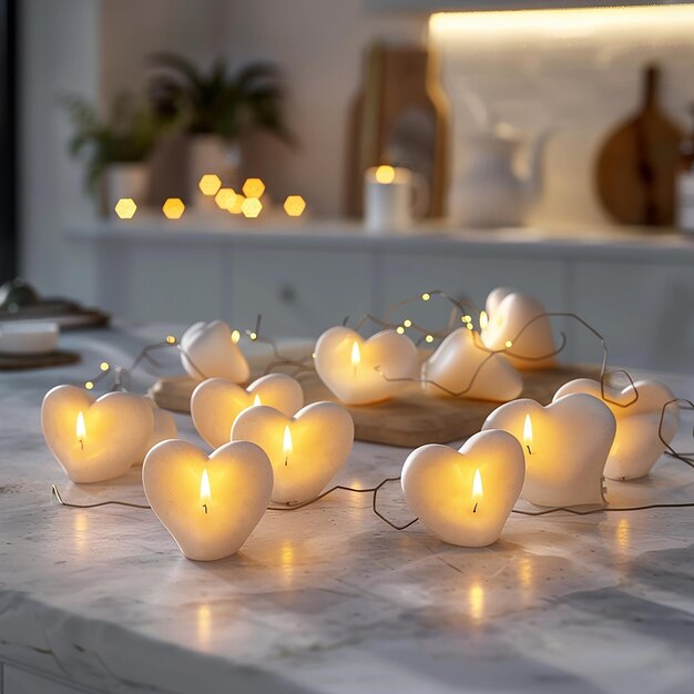 3d rendered photo of a heart shaped candle is on a table with candles