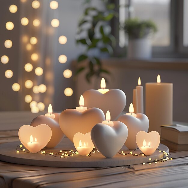 Photo 3d rendered photo of a heart shaped candle is on a table with candles