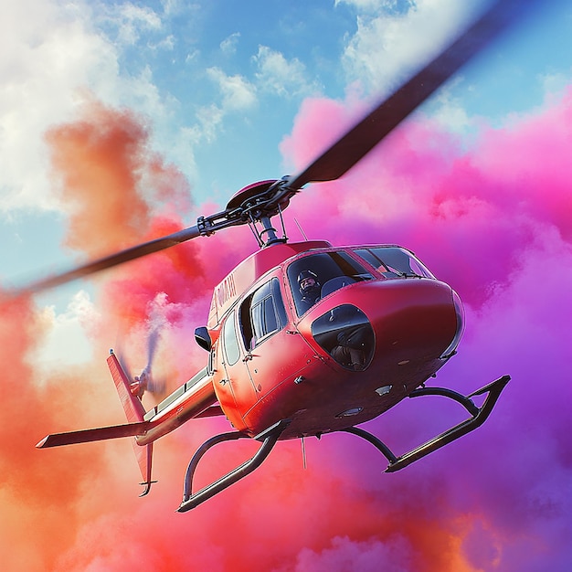 3d rendered photo of helicopter with pilot and multi color smoke ai generated