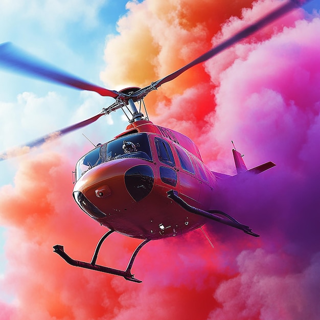 3d rendered photo of helicopter with pilot and multi color smoke ai generated